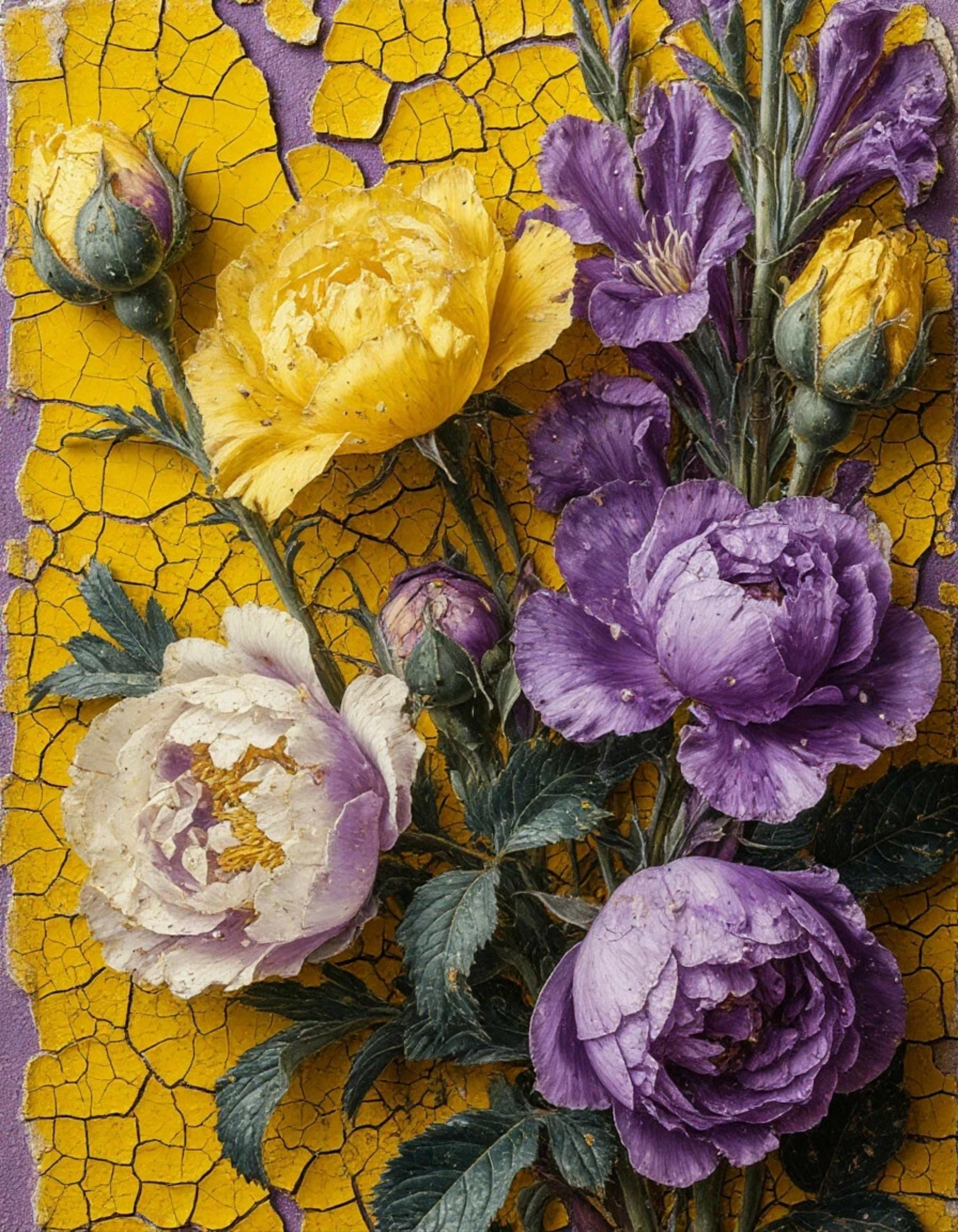 Irises & Peonies, a flower rhapsody in yellow and purple Large Format Decoupage paper