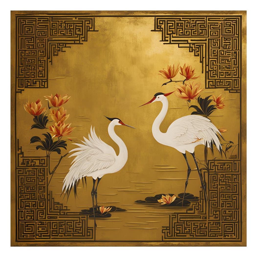 Gilded Cranes and Lotus Flowers Decoupage Paper-Mini